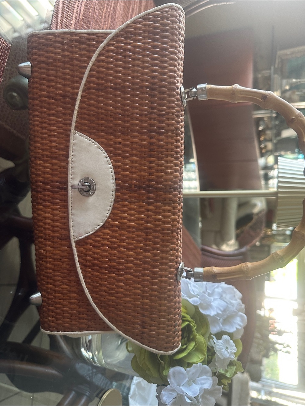 Woven Bamboo-Handle Women’s Handbag in Brown and White